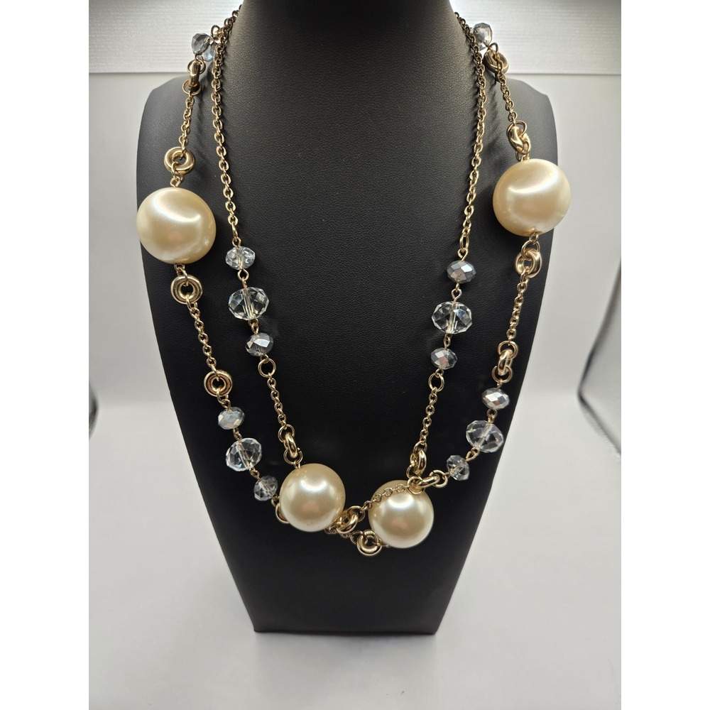 Gold Tone Faux Pearl and Crystal Station Long Necklace 20 Inch Drop